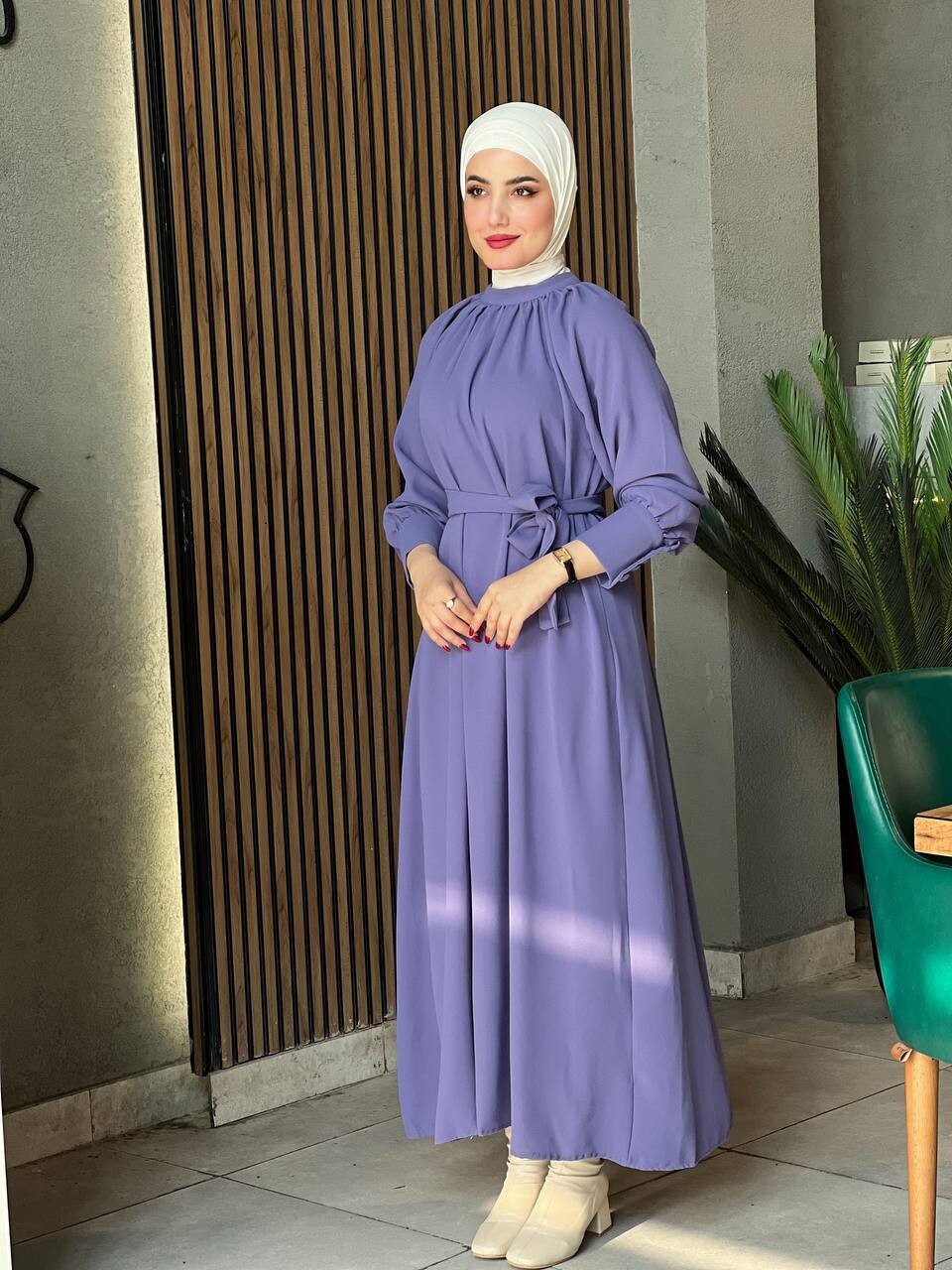 2587-PX1-4 فستان مع حزام - بنفسجي - Thumbnail