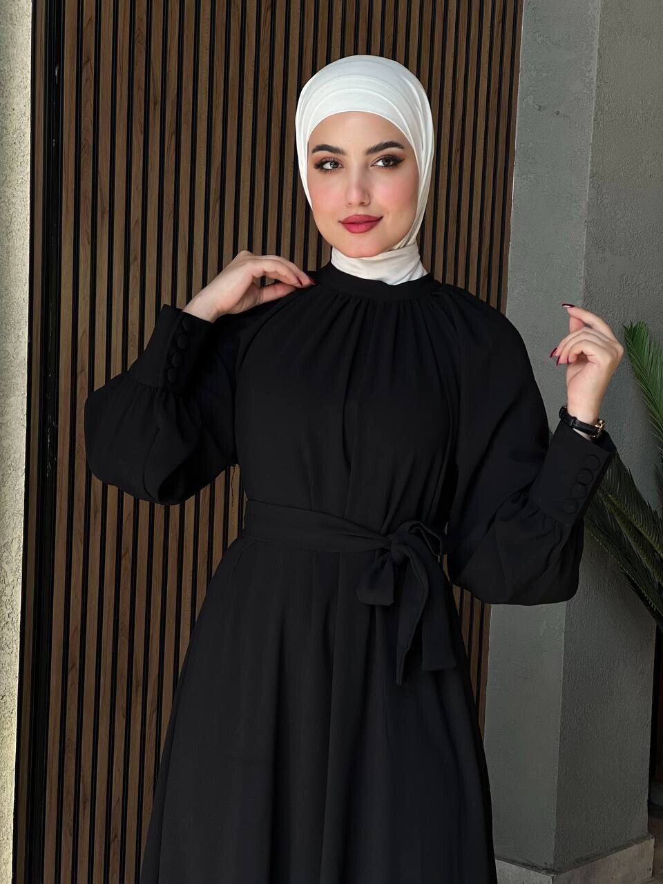 2587-PX1-1 فستان مع حزام - اسود - Thumbnail