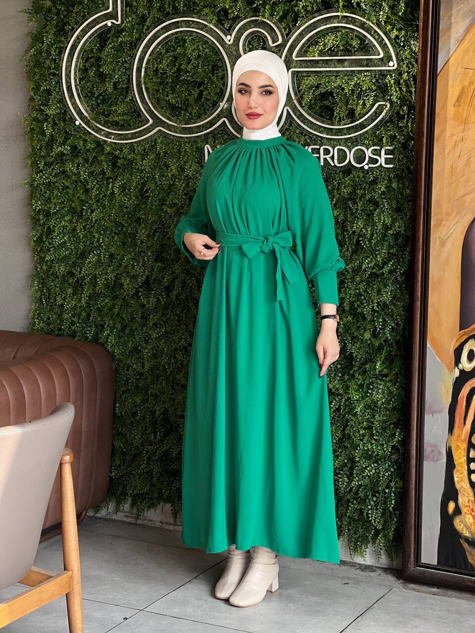 2587-PX1-3 فستان مع حزام - اخضر - Thumbnail