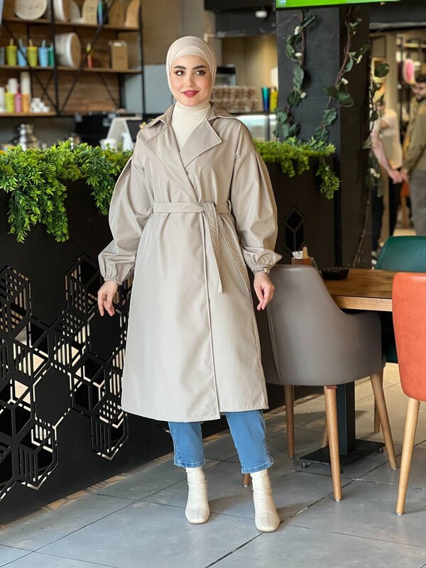 FOR YOU MODA - 3017-6R-6 ترانشكوت سادة ردن بالون - بيج فاتح (1)