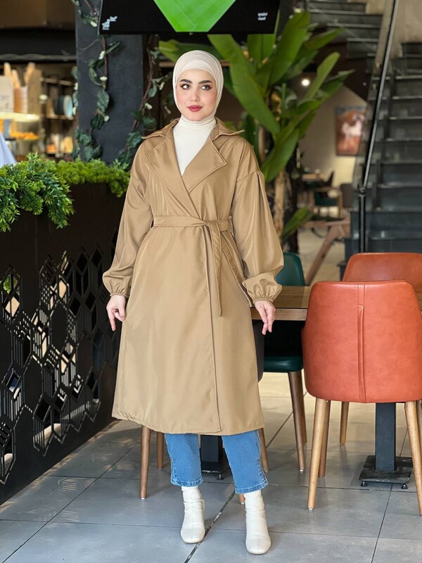 FOR YOU MODA - 3017-6R-3 ترانشكوت سادة ردن بالون - بيج غامق