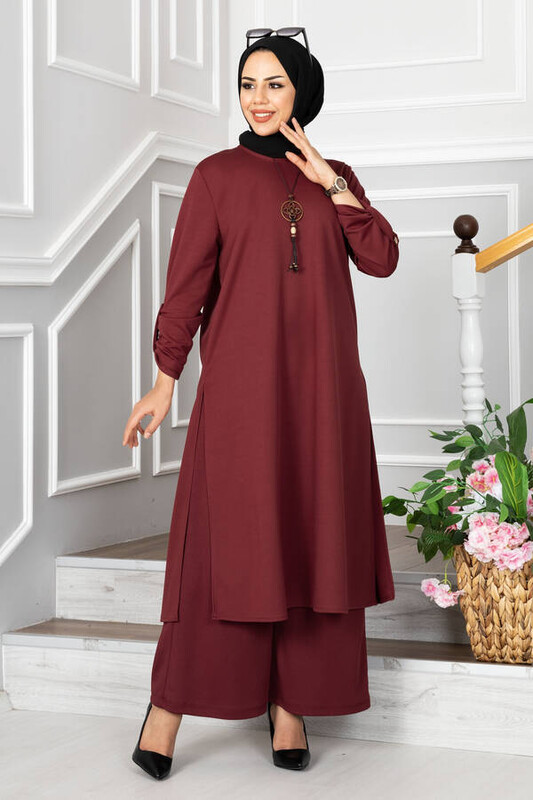 FOR YOU MODA - 3030-50M-3 طقم قطعتين مع قلادة - ماروني