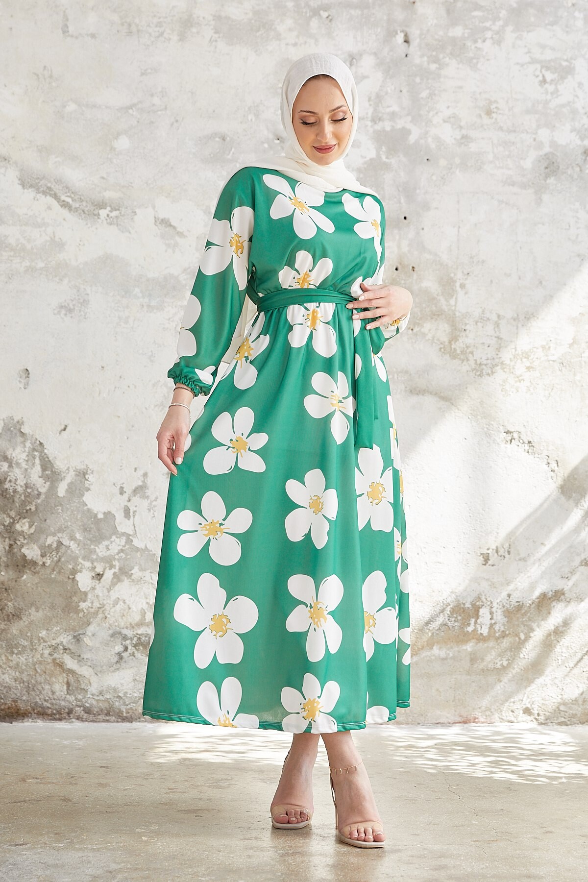 3202-45H-2 فستان مع حزام - اخضر - Thumbnail