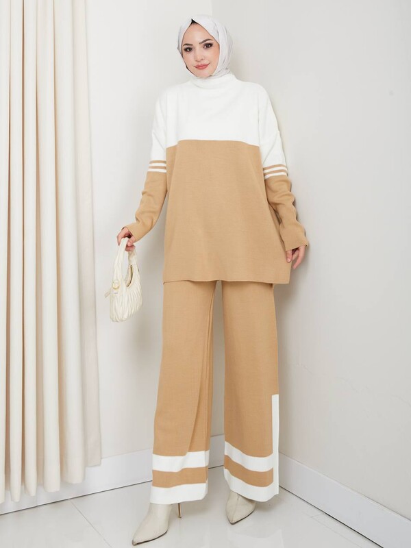 FOR YOU MODA - 3219-20F-1 سوت تريكو -بيج