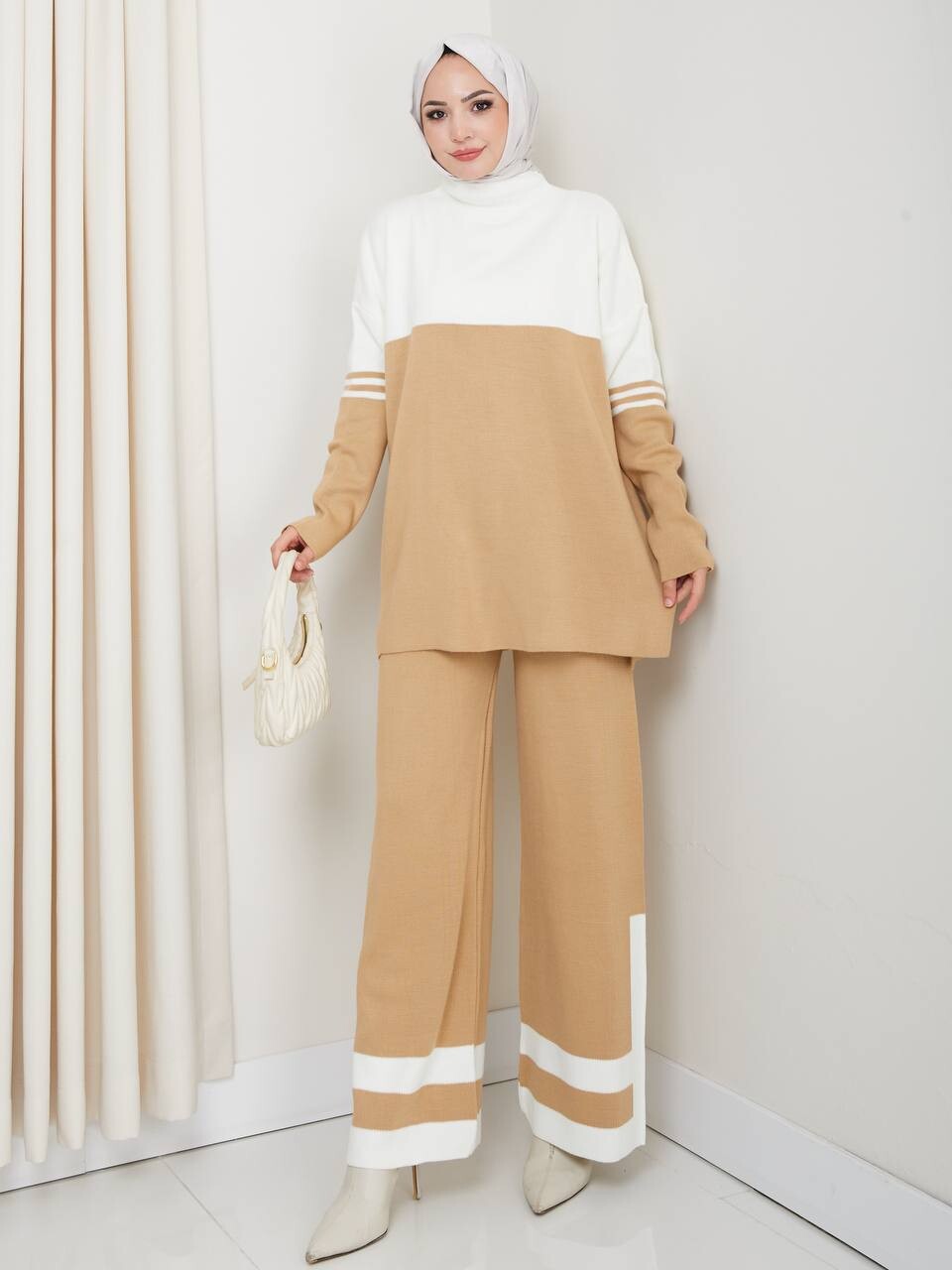 FOR YOU MODA - 3219-20F-1 سوت تريكو -بيج