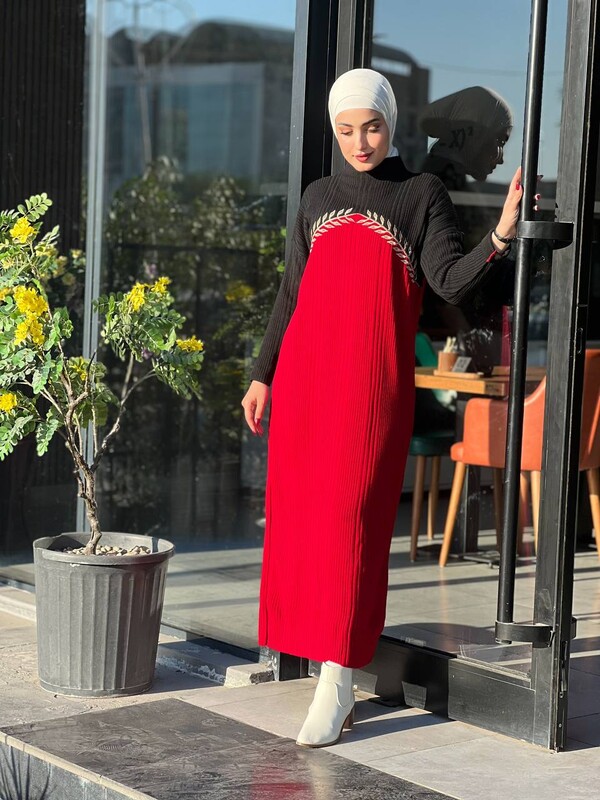 TC - 3263-69Z-1 فستان تريكو - اسود و احمر (1)