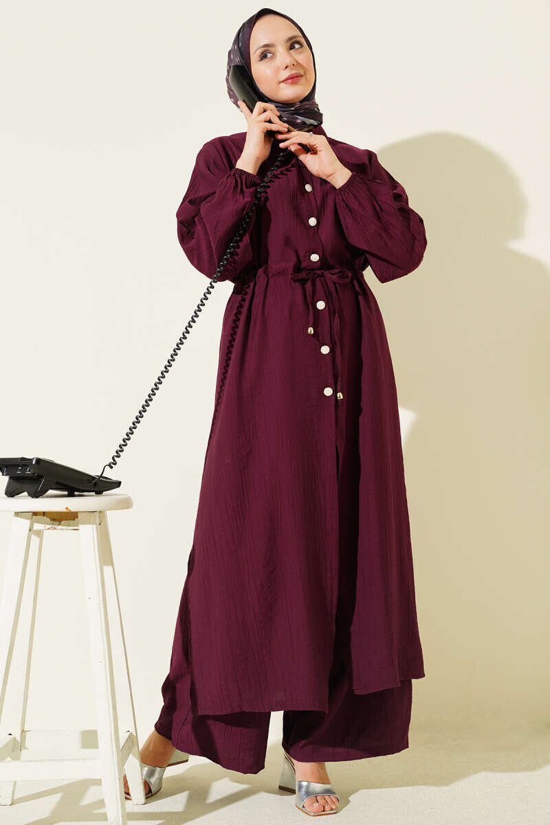 FOR YOU MODA - 3332-26F-2 سوت قطعيتن قميص طويل - ماروني 