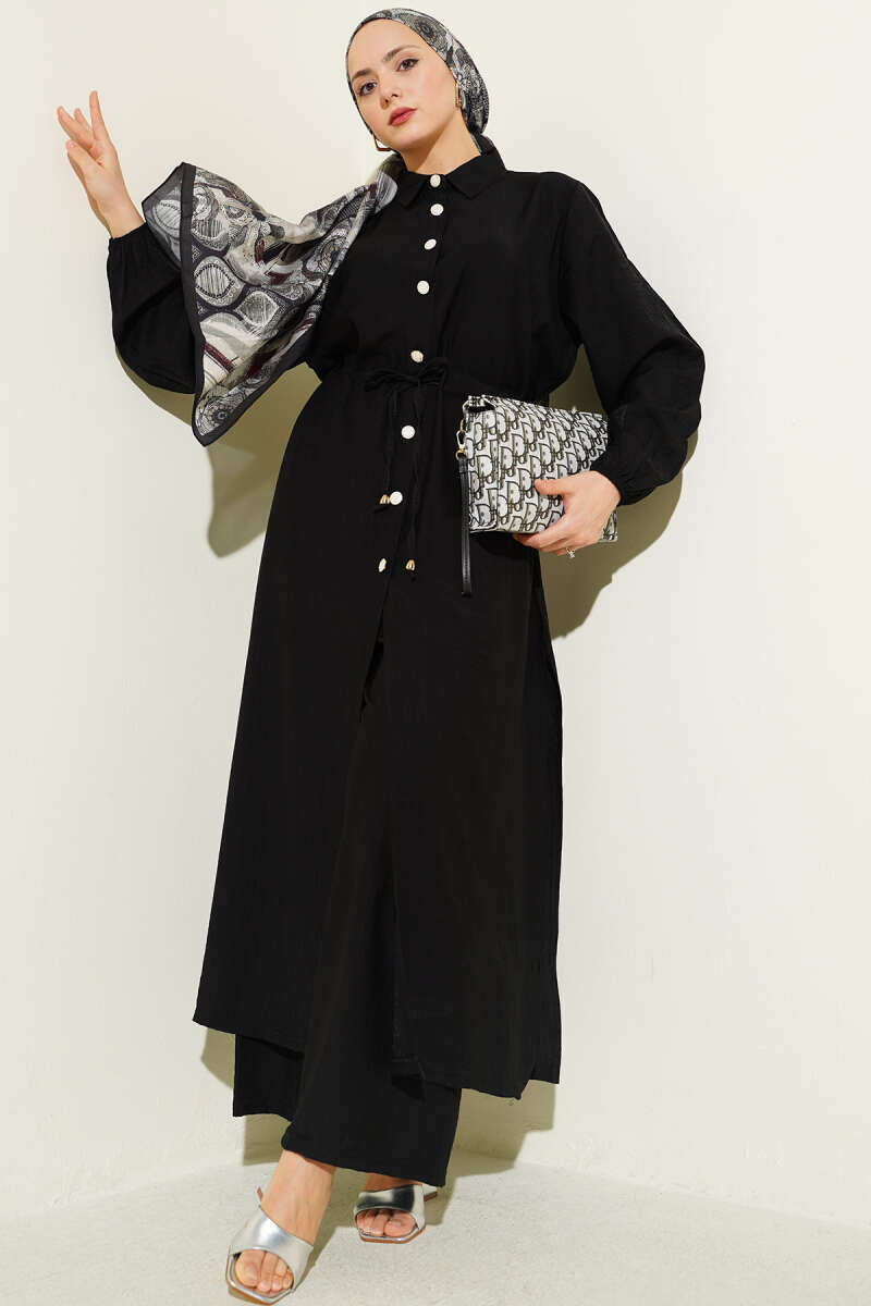 FOR YOU MODA - 3332-26F-1 سوت قطعيتن قميص طويل - اسود