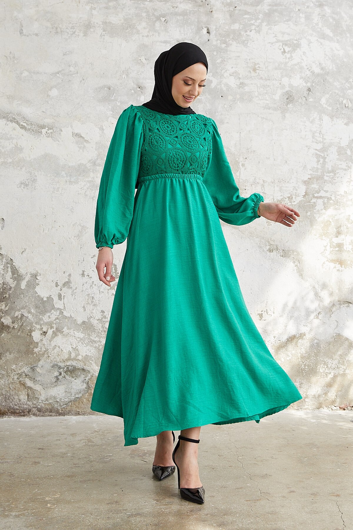 3355-61E-3 فستان صدر كيبور - اخضر - Thumbnail
