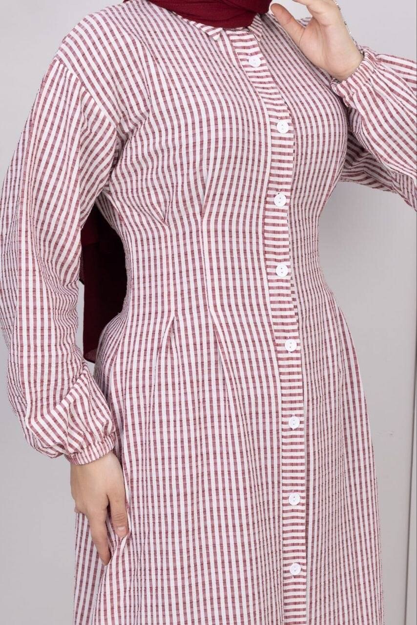 357-25L-1 فستان مقلم - ماروني - Thumbnail