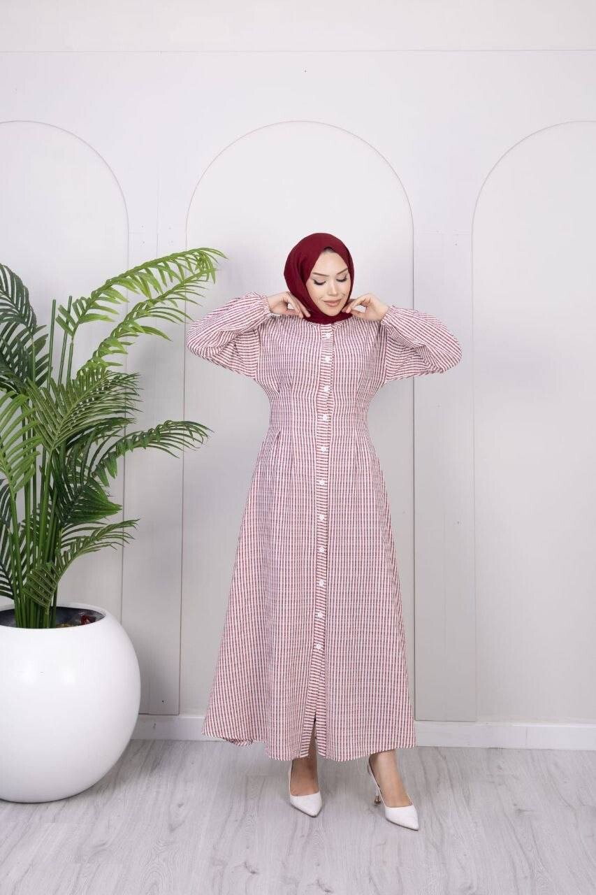 357-25L-1 فستان مقلم - ماروني - Thumbnail