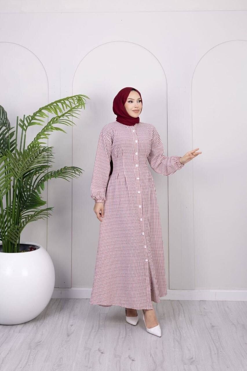 357-25L-1 فستان مقلم - ماروني - Thumbnail