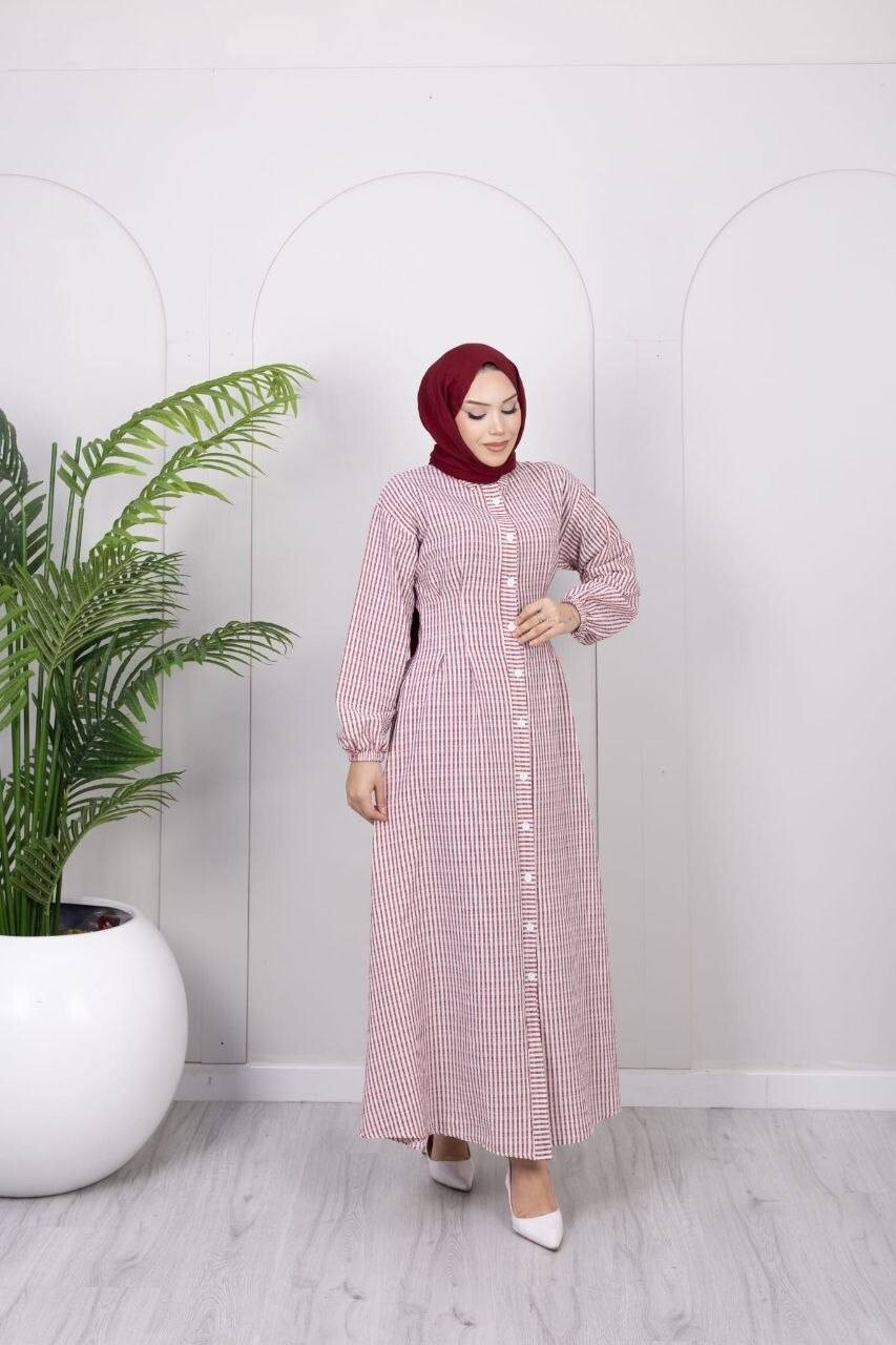 FOR YOU MODA - 357-25L-1 فستان مقلم - ماروني (1)