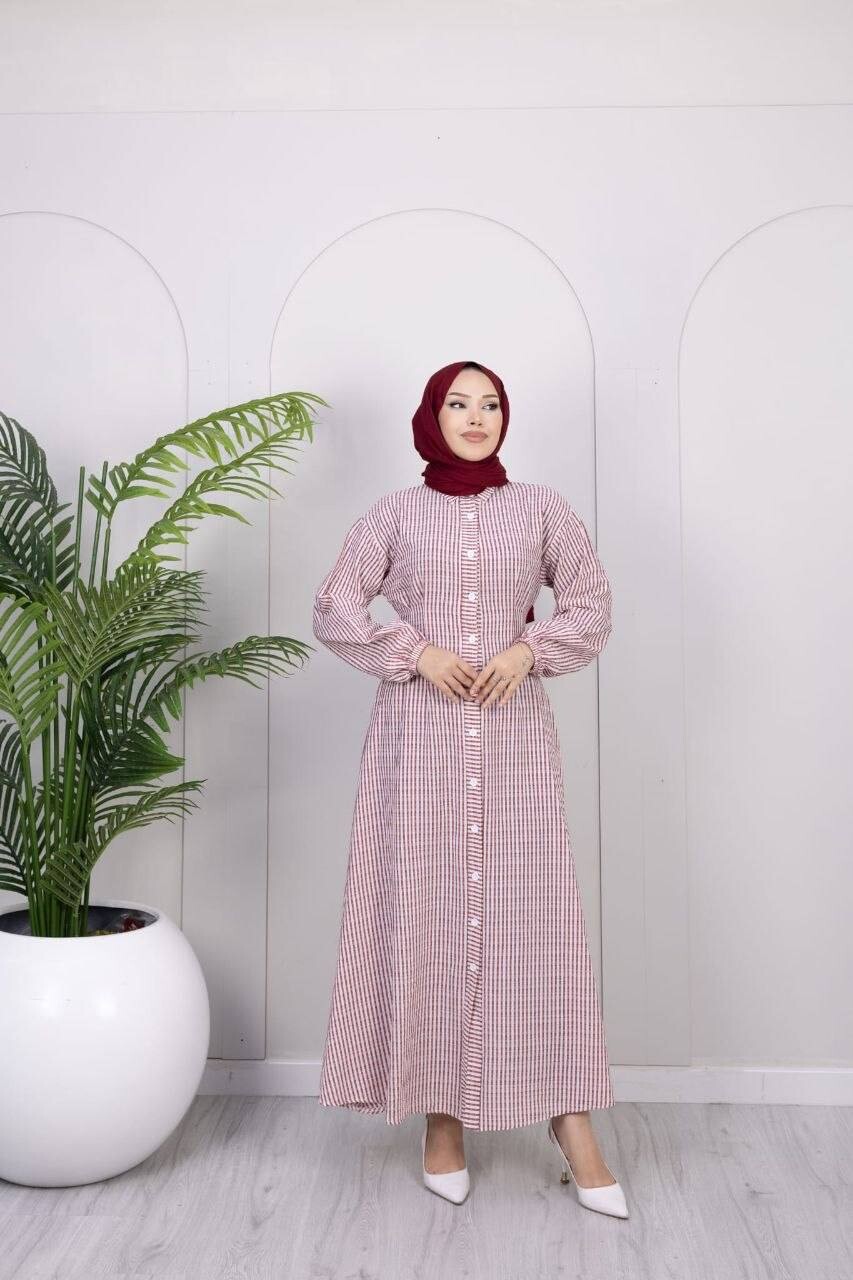 FOR YOU MODA - 357-25L-1 فستان مقلم - ماروني 