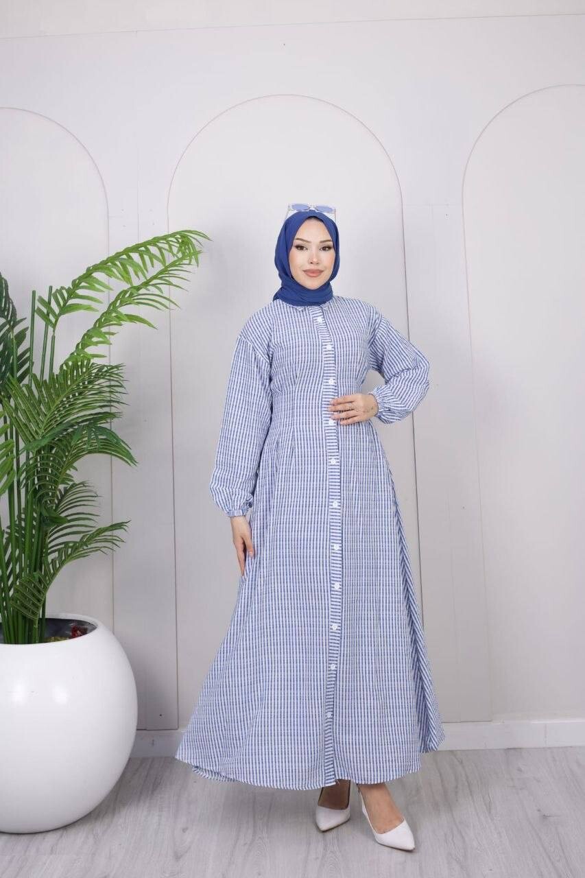 FOR YOU MODA - 357-25L-3 فستان مقلم - ازرك