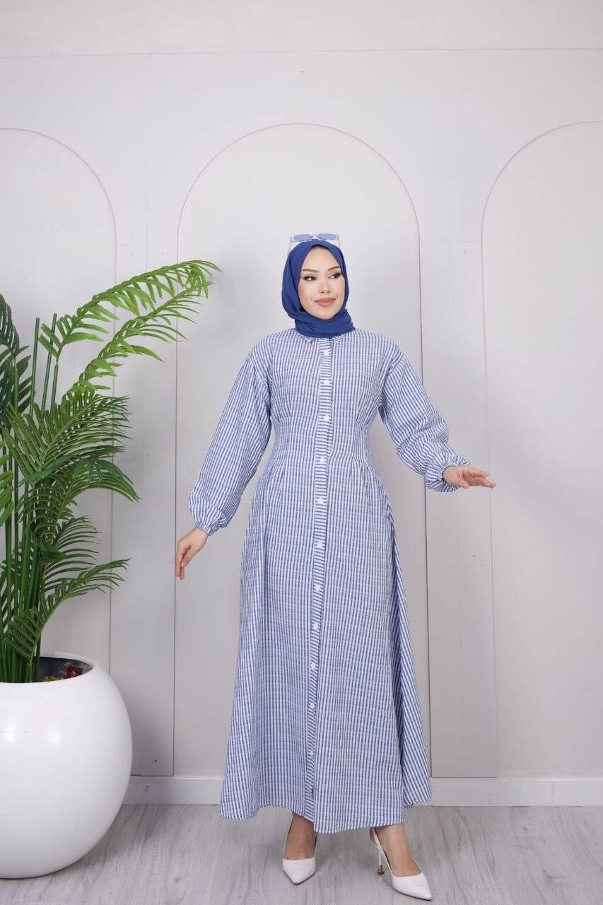 FOR YOU MODA - 357-25L-3 فستان مقلم - ازرك (1)