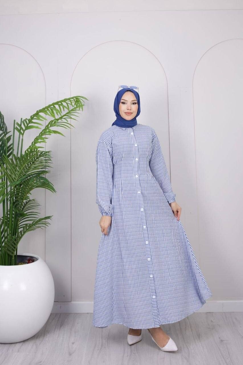 357-25L-3 فستان مقلم - ازرك - Thumbnail