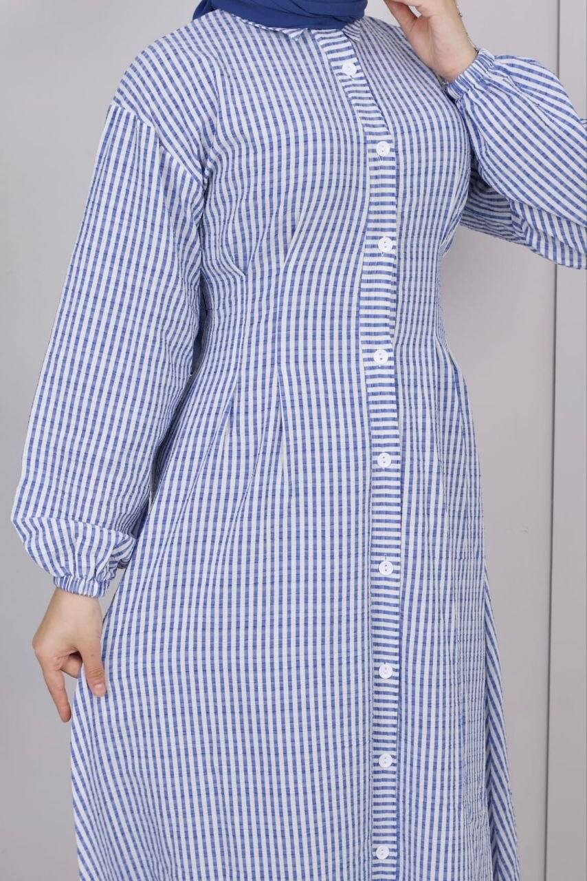 357-25L-3 فستان مقلم - ازرك - Thumbnail