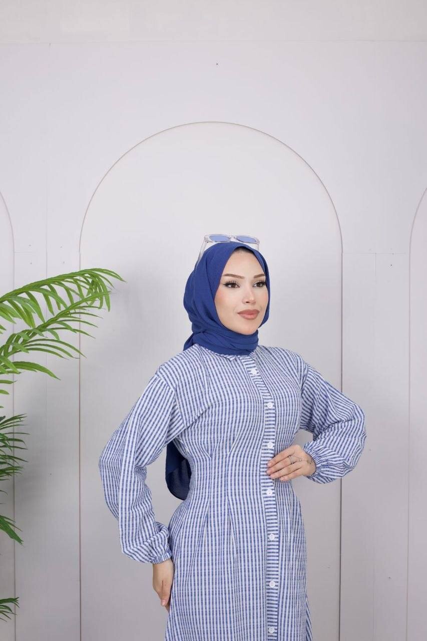 357-25L-3 فستان مقلم - ازرك - Thumbnail