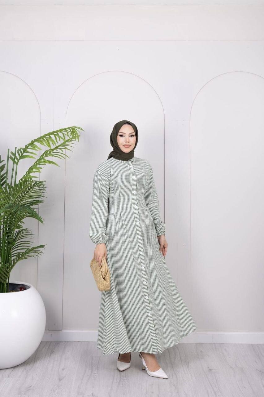 FOR YOU MODA - 357-25L- 2 فستان مقلم - اخضر (1)