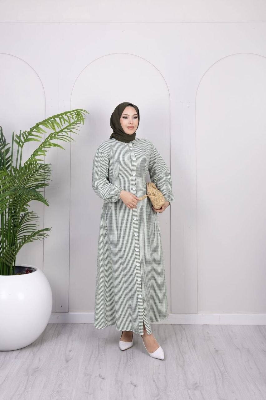 357-25L- 2 فستان مقلم - اخضر - Thumbnail