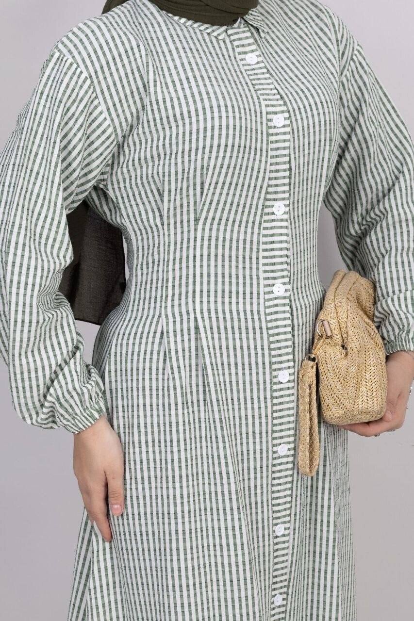 357-25L- 2 فستان مقلم - اخضر - Thumbnail