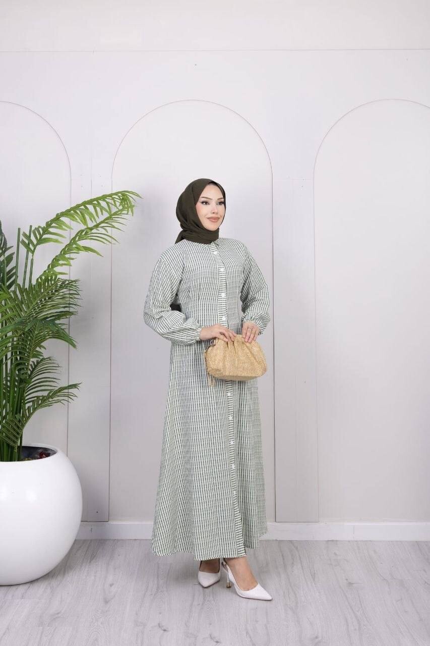 FOR YOU MODA - 357-25L- 2 فستان مقلم - اخضر 