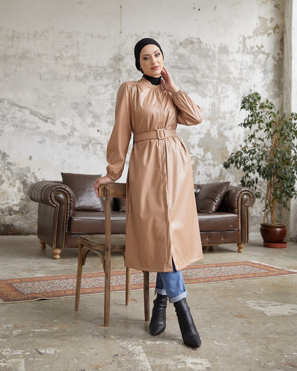 3805-73Z-2 كوت جلد بيج - Thumbnail