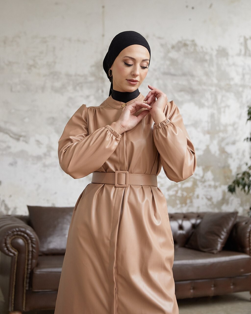 3805-73Z-2 كوت جلد بيج - Thumbnail