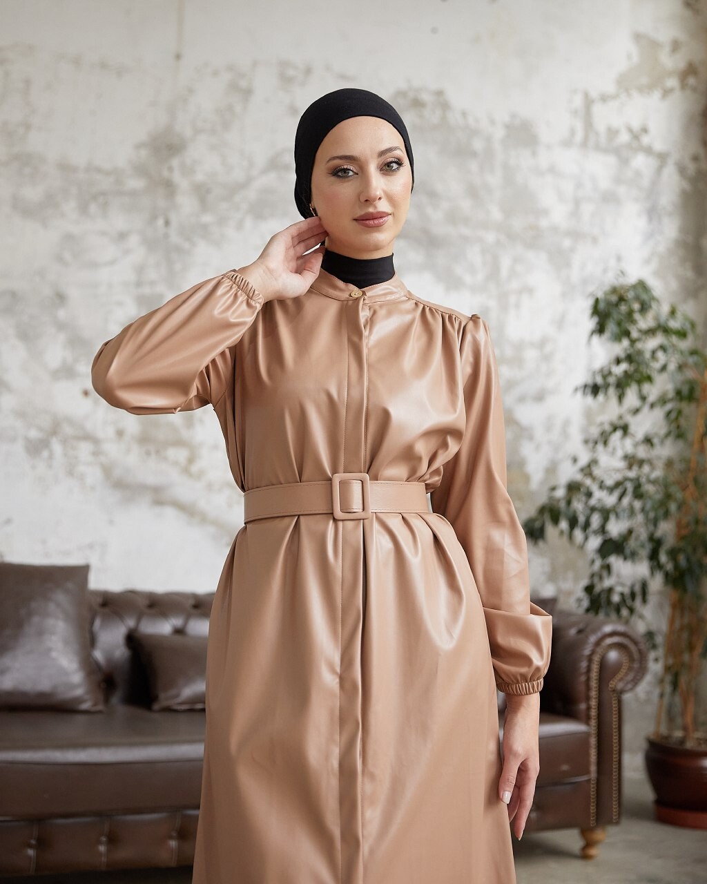 3805-73Z-2 كوت جلد بيج - Thumbnail