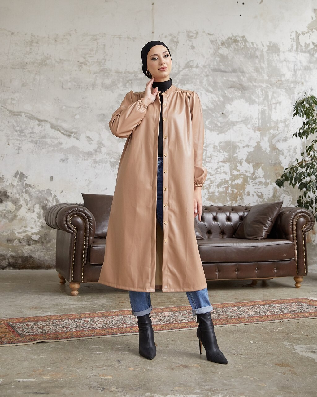 3805-73Z-2 كوت جلد بيج - Thumbnail