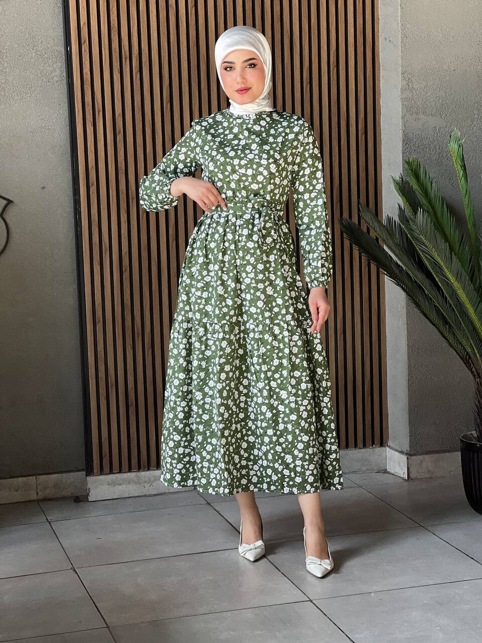 3816-52M-4 فستان ورد ناعم - خاكي - Thumbnail