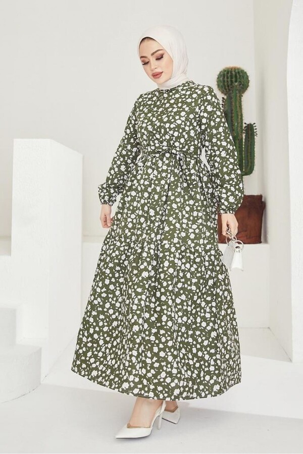 3816-52M-4 فستان ورد ناعم - خاكي - Thumbnail