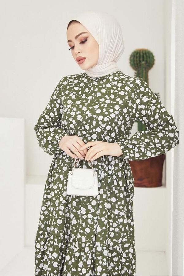 3816-52M-4 فستان ورد ناعم - خاكي - Thumbnail