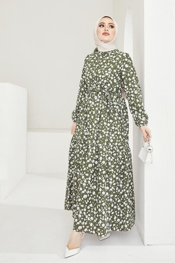 3816-52M-4 فستان ورد ناعم - خاكي - Thumbnail