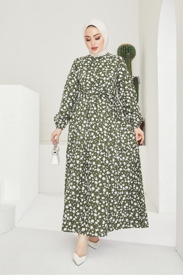 3816-52M-4 فستان ورد ناعم - خاكي - Thumbnail