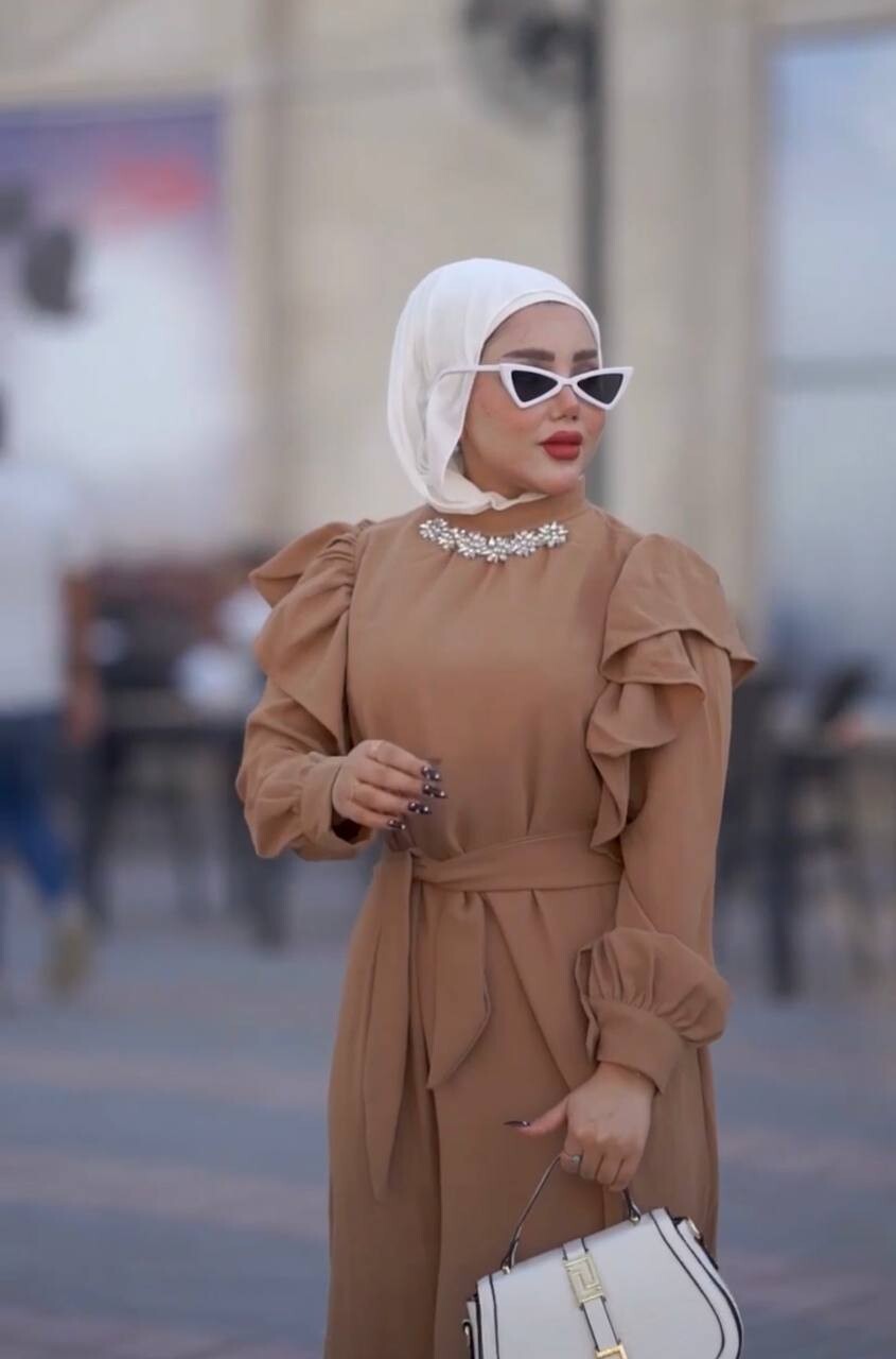 3986-30I-4 فستان مع حزام - بيج - Thumbnail
