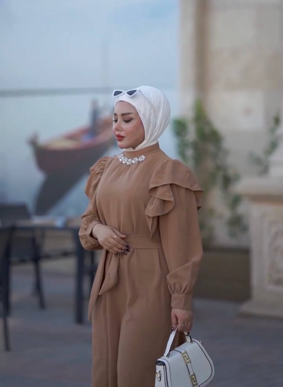 3986-30I-4 فستان مع حزام - بيج - Thumbnail