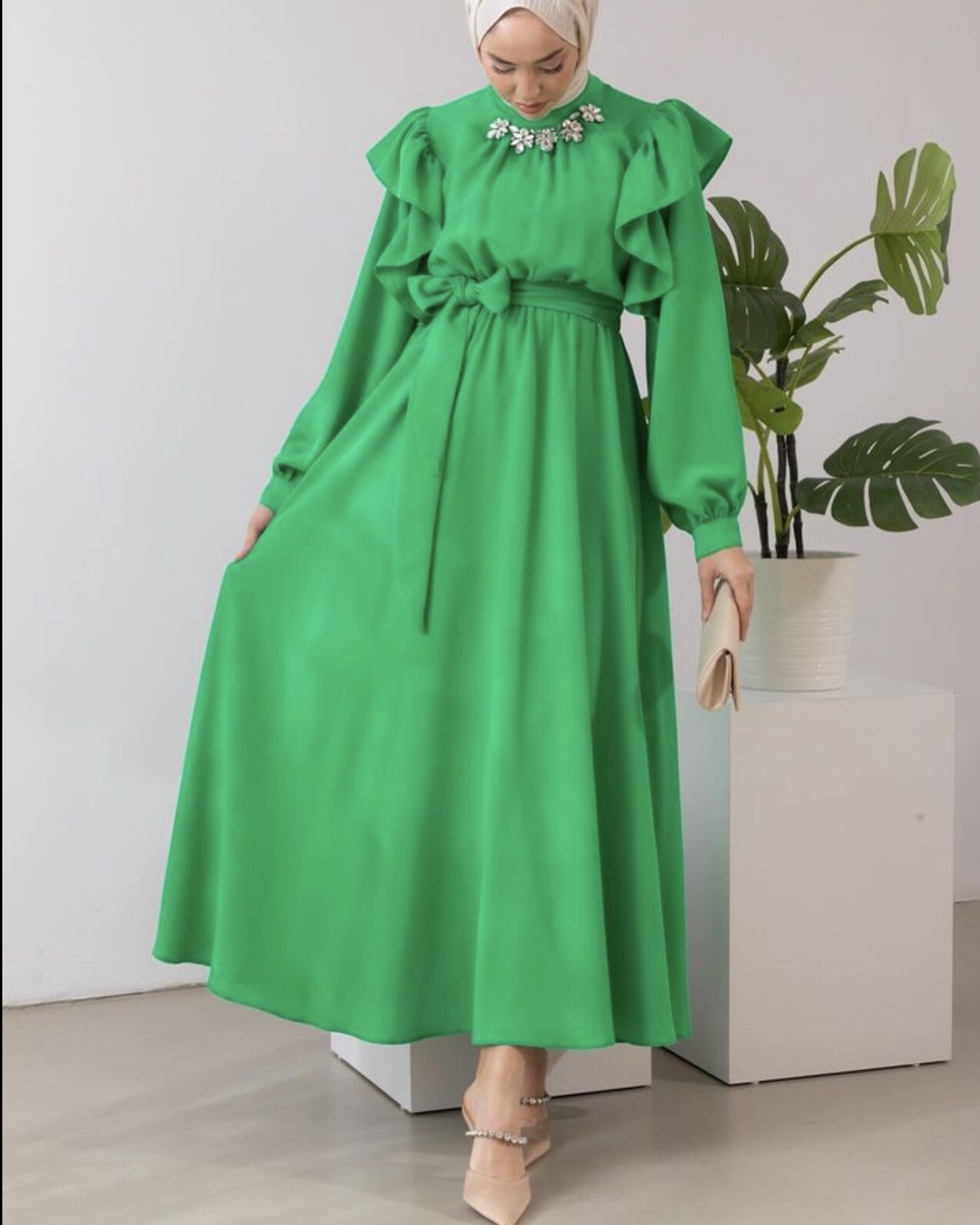 3986-9L-3 فستان مع حزام - اخضر - Thumbnail