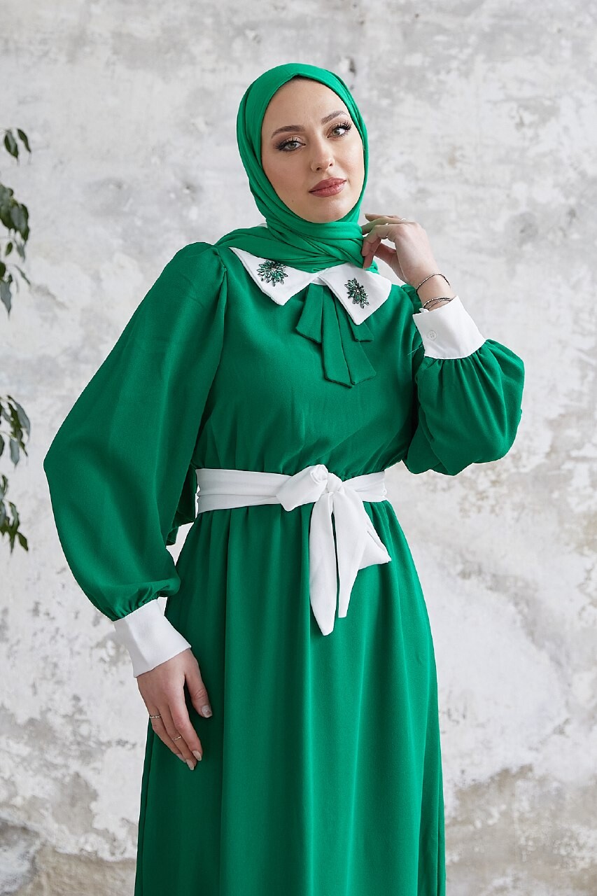 4000-17F-5 فستان ياخة نقش مع حزام - اخضر - Thumbnail