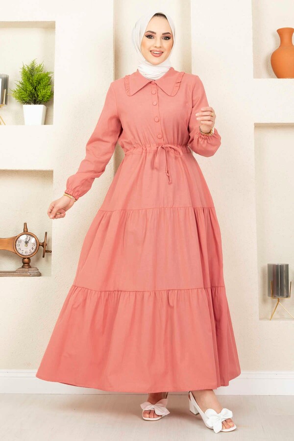  - 4392-16I-3 فستان سادة مخصر - وردي