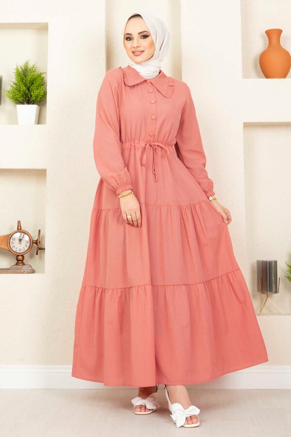  - 4392-16I-3 فستان سادة مخصر - وردي (1)