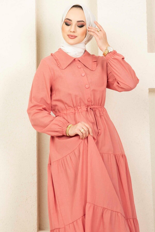 4392-16I-3 فستان سادة مخصر - وردي - Thumbnail