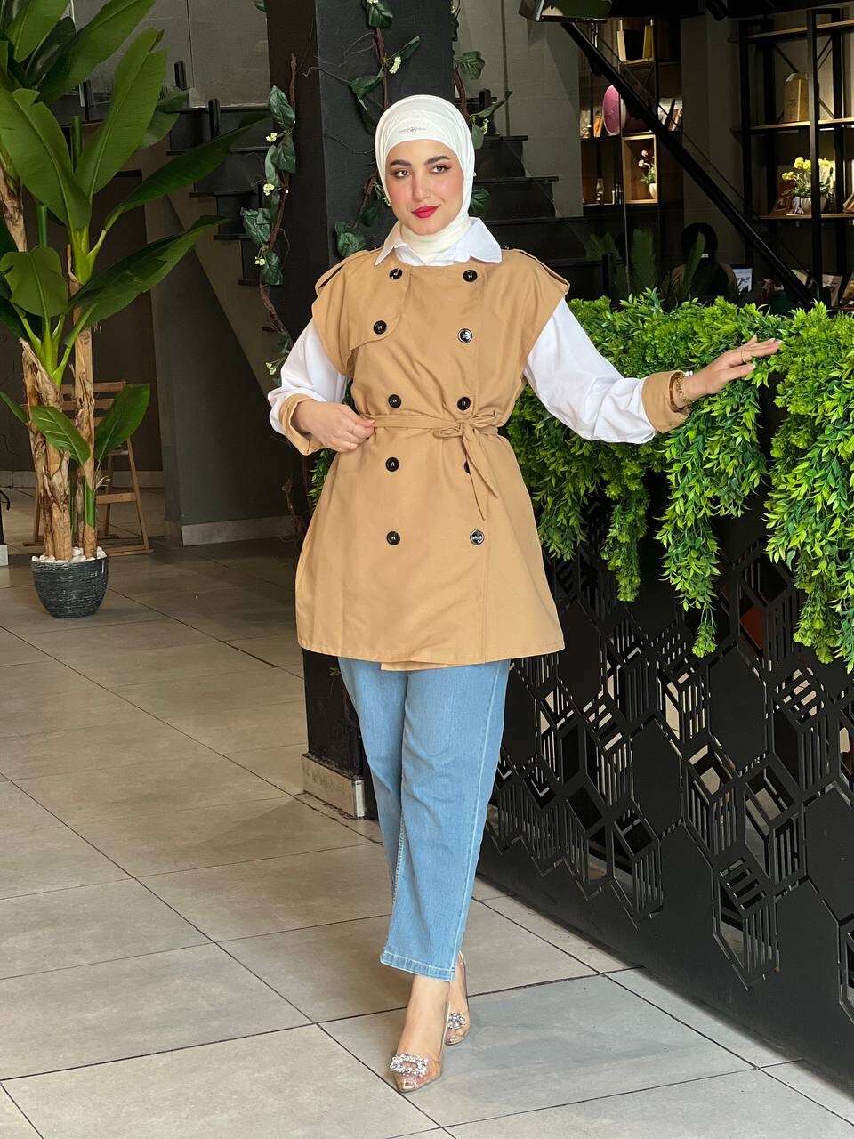 FOR YOU MODA - 4402-40J-2 قميص مع يلك - بيج (1)