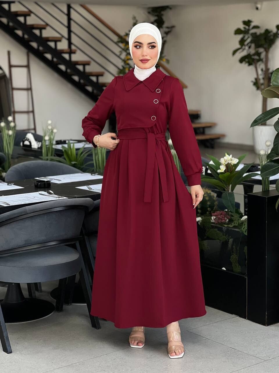44026-33O-3 فستان لون - ماروني - Thumbnail