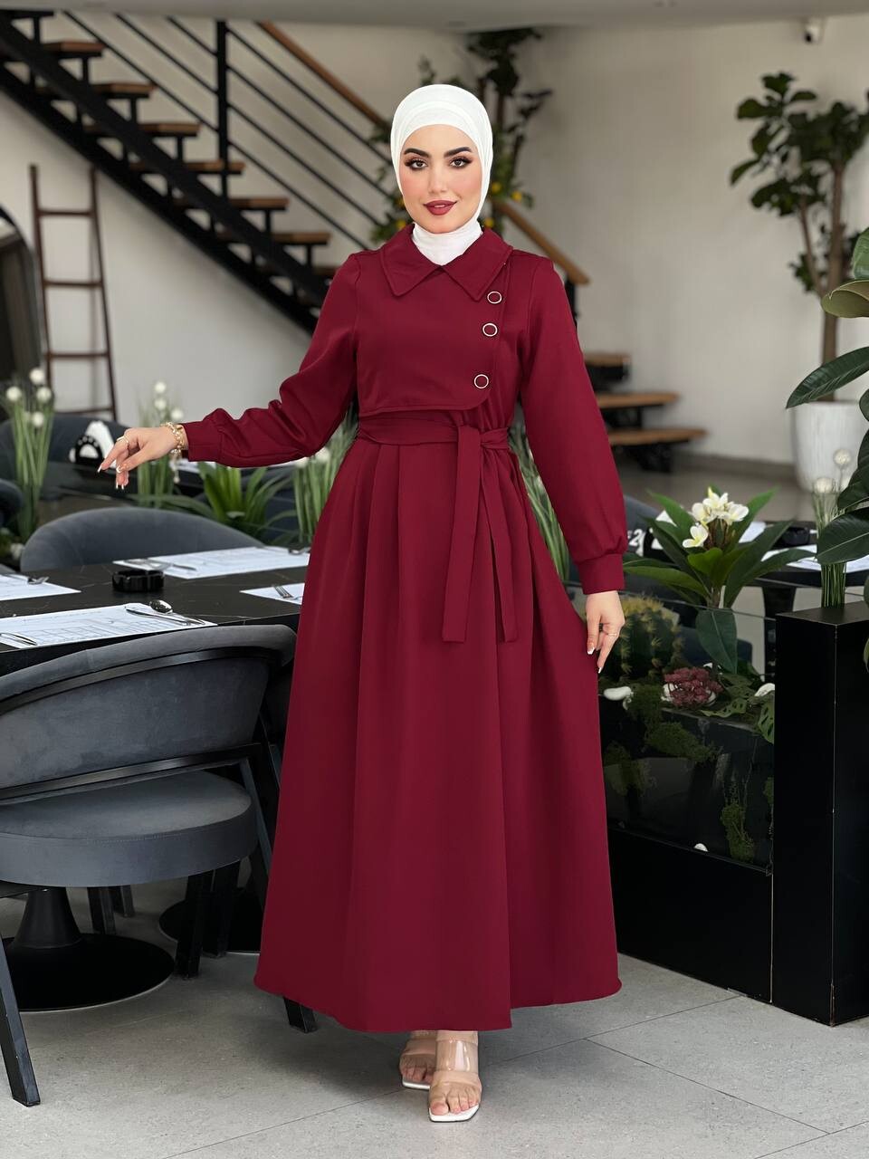 44026-33O-3 فستان لون - ماروني - Thumbnail