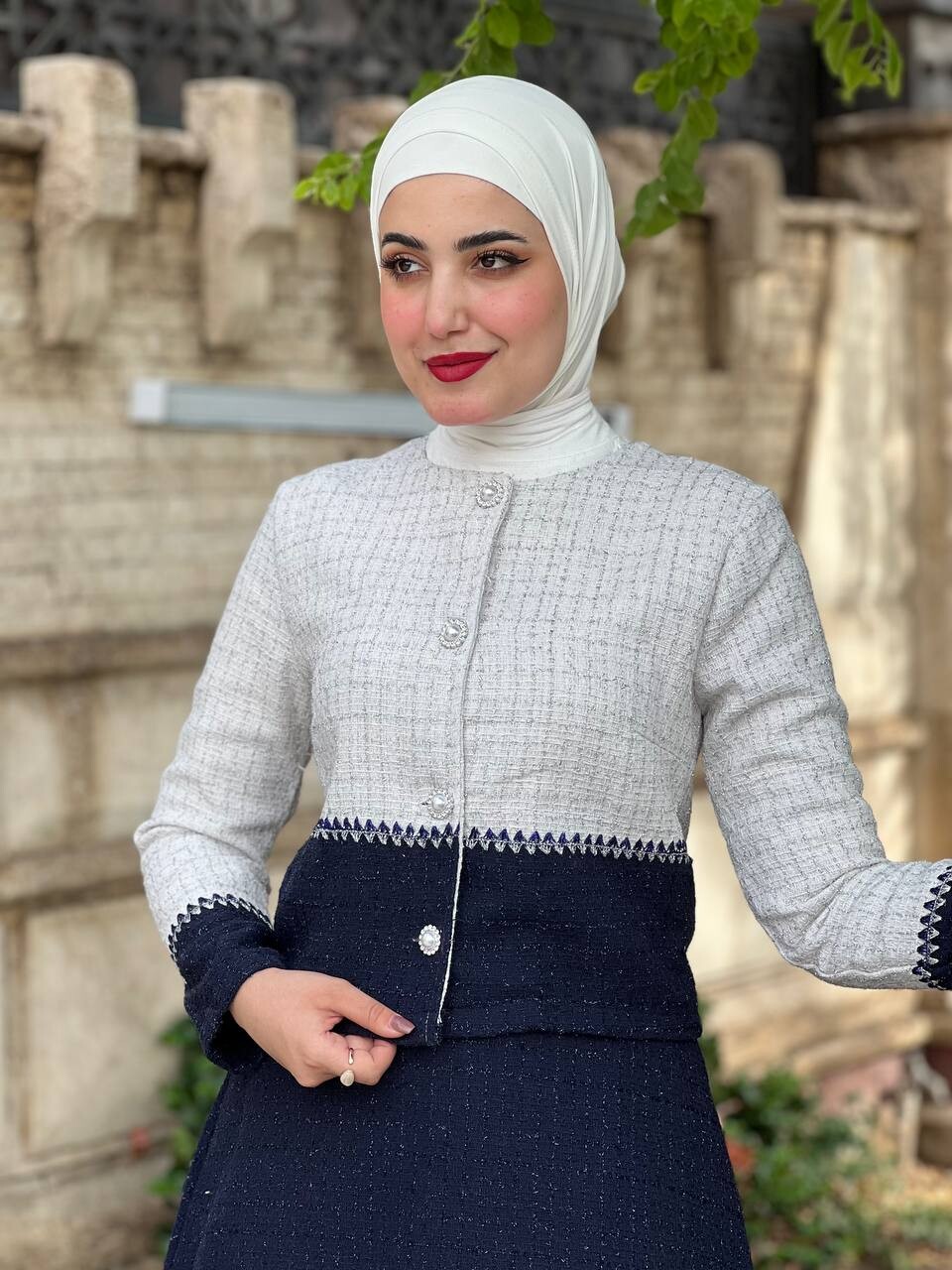 44101-11Q-3-طقم شانيل لونين نيلي وابيض - Thumbnail