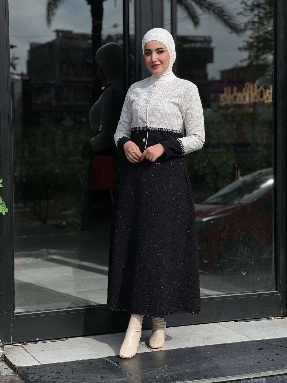 FOR YOU MODA - 44101-11Q-1-طقم شانيل لونين اسود وابيض 