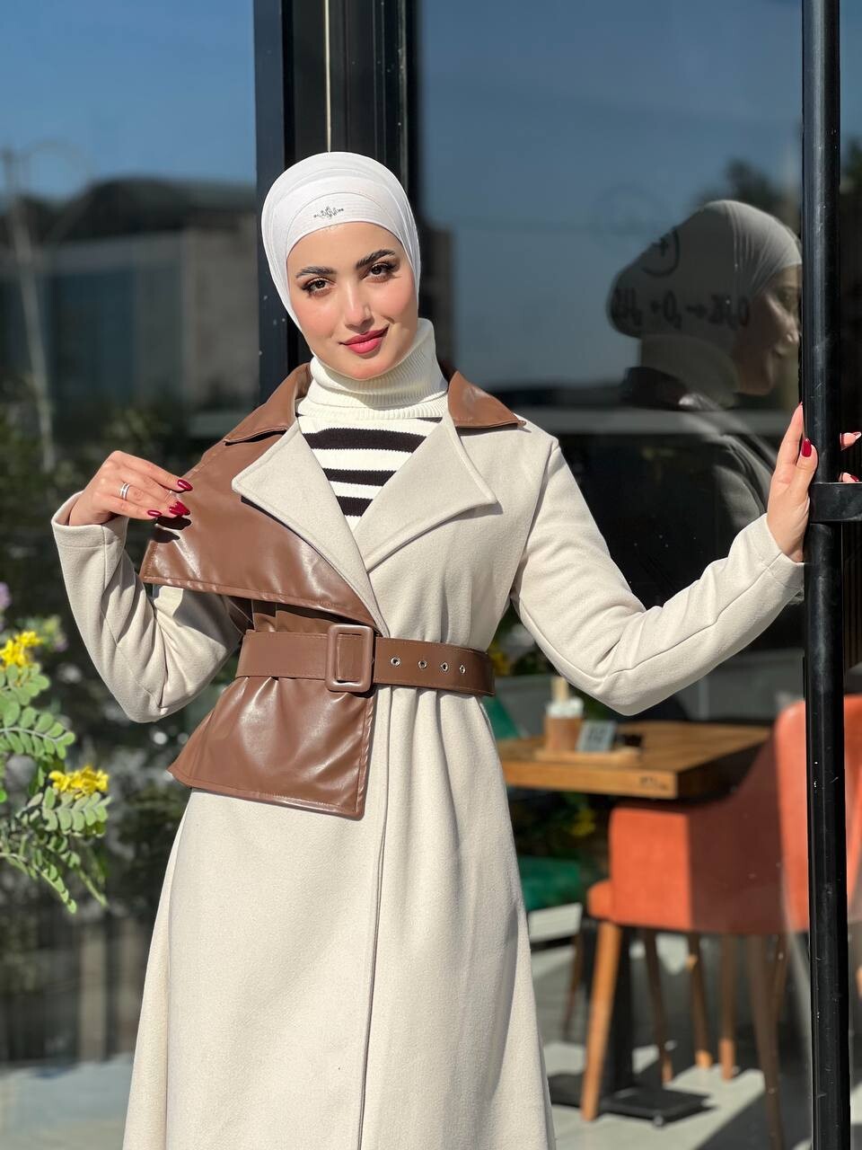 44114-53X-2-كوت جوخ مطعم جلد لون بيج - Thumbnail