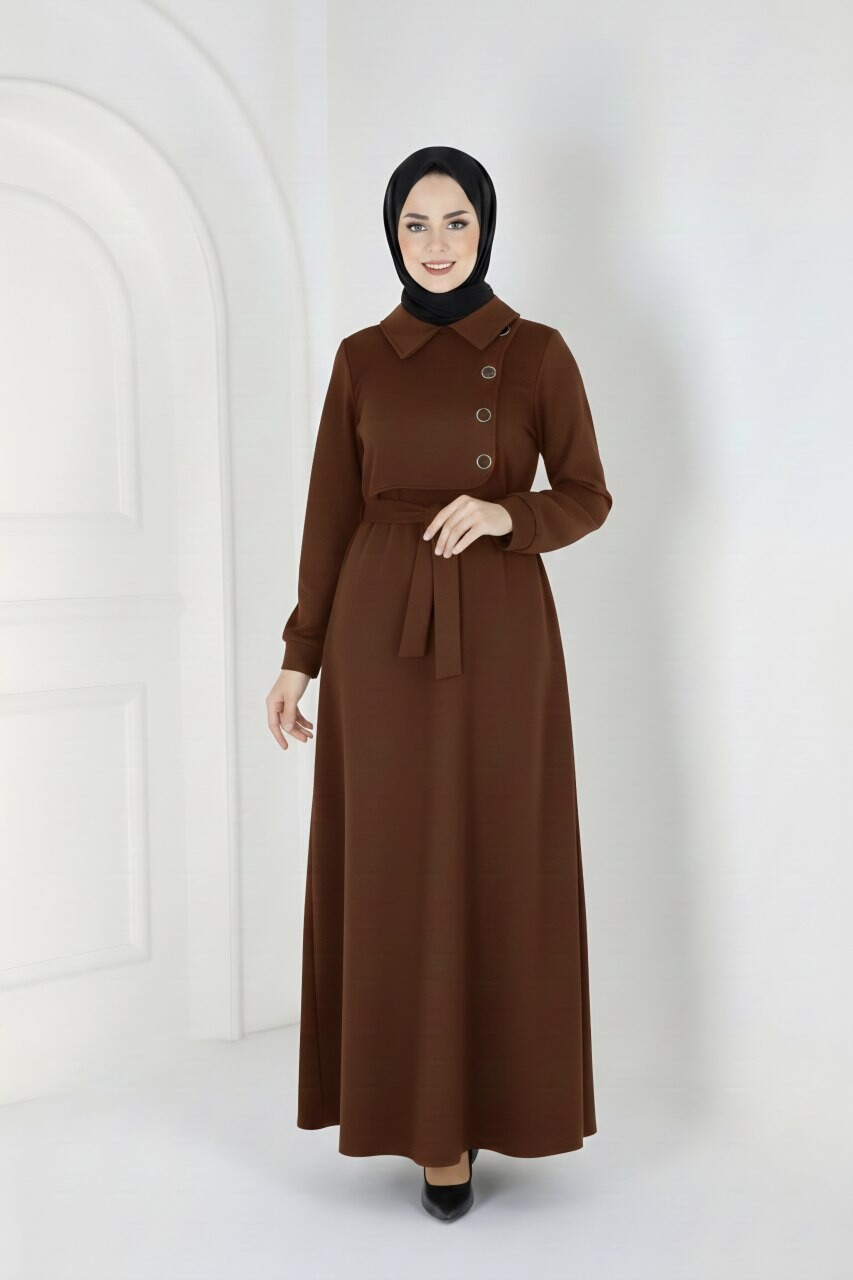 FOR YOU MODA - 44126-6Y- فستان جوخ - قهوائي 3